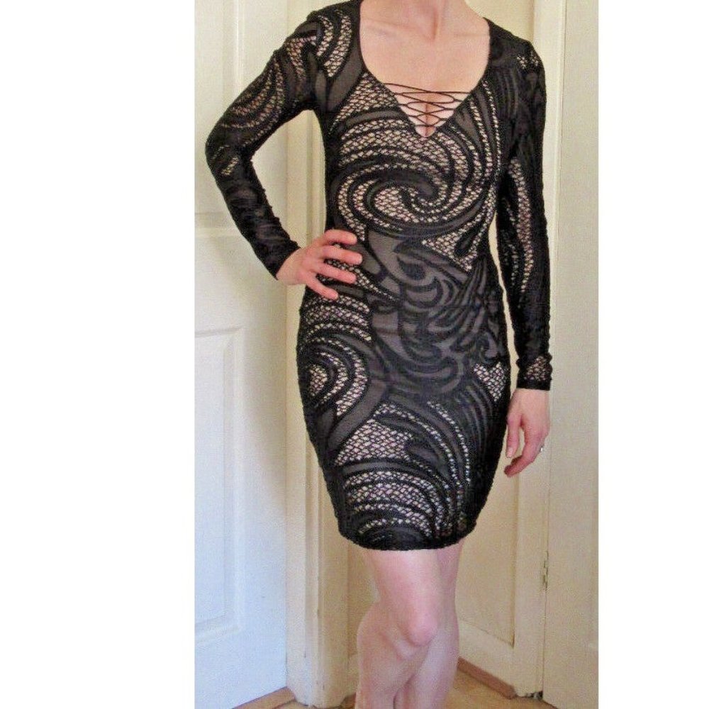 Vintage Vamp Dress Black Lace Skin Tone Sexy Prom Goth Cocktail Party Size 2